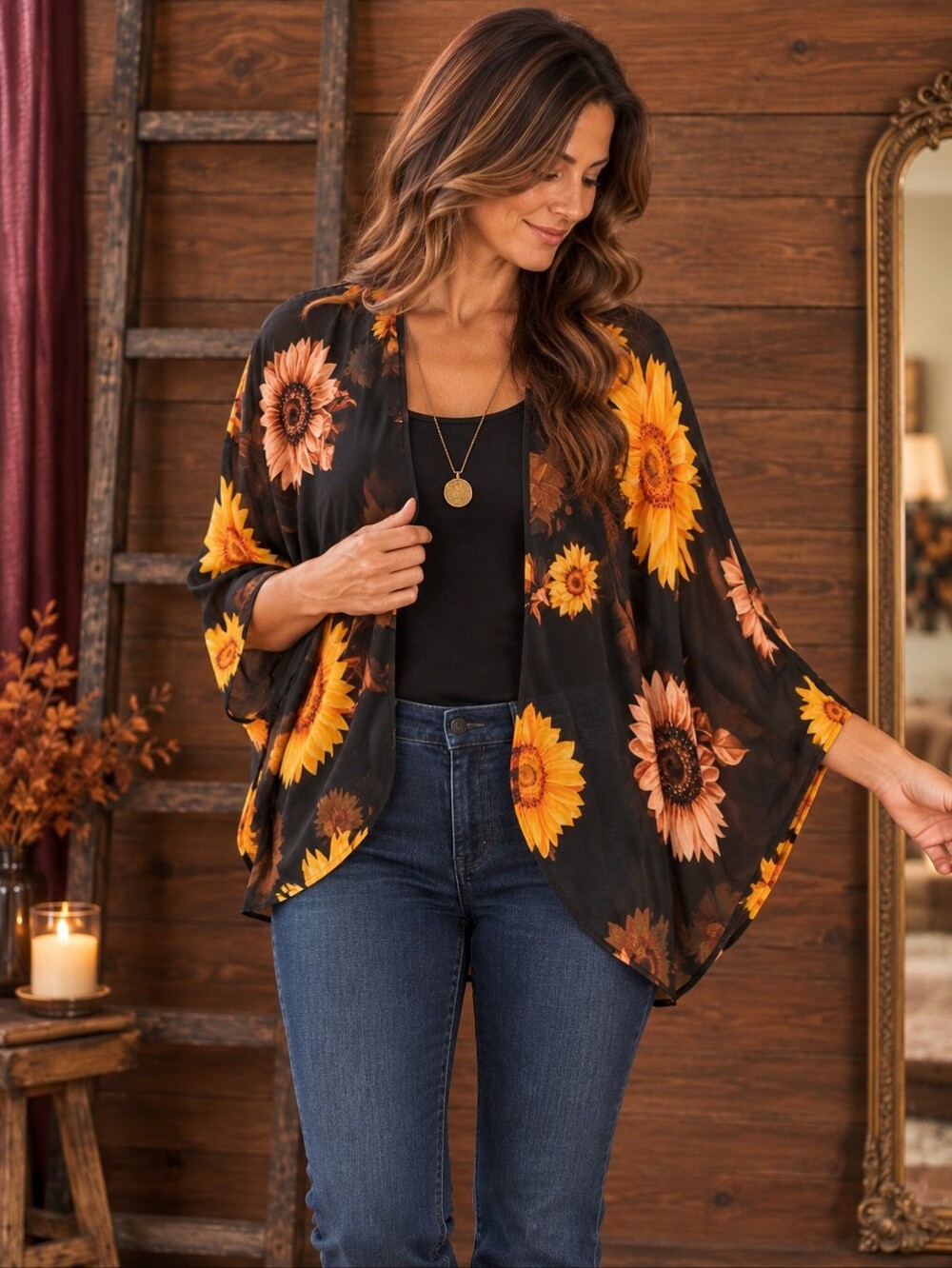 Black Sunflower Kimono Floral Fall Layering Top Boho
